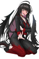 @_@ artist:SaMA black_hair body_wings character:tsurugi_(blue_archive) feathered_wings flushed_face halo in-series_category:justice_task_force in-series_category:trinity_general_school long_hair messy_hair red_eyes series:blue_archive tears // 1000x1500 // 451KB