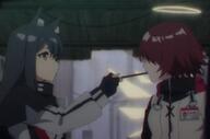 animal_ears body_wings character:exusiai_(arknights) character:texas_(arknights) halo in-series_category:laterano in-series_category:lupo in-series_category:sankta in-series_category:siracusa meta:anime_screenshot pocky series:arknights wolf_ears wolf_girl // 782x517 // 505KB