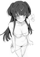 anger_vein artist:dera_self character:mayuzumi_fuyuko_(idolmaster_shiny_colors) flushed_face japanese_text long_hair mask_bikini monochrome peek pubic_hair series:idolmaster series:idolmaster_shiny_colors twin_tails // 2896x4096 // 733KB