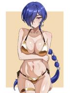 artist:fangs blue_hair character:promeia_(zenless_zone_zero) golden_bikini hair_covering_eye in-series_category:krampus_compliance_authority purple_eyes series:zenless_zone_zero sweaty // 1500x2000 // 185KB