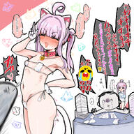 anger_vein animal_ears artist:shiming_liangjing cat_ears cat_girl cat_tail character:doodle_sensei_(blue_archive) character:kaya_(blue_archive) character:sensei_(blue_archive) closed_eyes comic flushed_face green_eyes halo in-series_category:general_student_council japanese_text mask_bikini pink_hair ribs series:blue_archive tail twin_tails v // 1200x1200 // 1.2MB