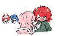 artist:amezaki_vanilla bird_girl blue_eyes blue_hair body_wings character:exusiai_(arknights) character:exusiai_the_new_covenant_(arknights) character:fiammetta_(arknights) character:lemuen_(arknights) character:mostima_(arknights) chibi demon_horns halo horns in-series_category:fallen_sankta in-series_category:laterano in-series_category:liberi in-series_category:sankta long_hair pink_hair red_eyes red_hair series:arknights short_hair side_ponytail // 3513x2182 // 522KB