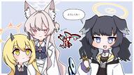 animal_ears artist:HIYOKO_MONAKA black_hair blonde_hair blue_eyes cat_ears cat_girl character:akira_(blue_archive) character:hibiki_(blue_archive) character:ibuki_(blue_archive) demon_horns dog_ears dog_girl halo horns in-series_category:dorm_supervisory_unit in-series_category:engineering_club in-series_category:gehenna_academy in-series_category:millenium_science_school in-series_category:pandemonium_society in-series_category:seven_prisoners in-series_category:wild_hunt_academy_of_arts japanese_text long_hair pink_eyes pink_hair ponytail series:blue_archive side_ponytail twin_tails yellow_eyes // 1920x1080 // 1009KB