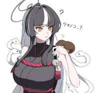 artist:kyurosuku beauty_mark black_hair character:azami_(blue_archive) halo in-series_category:allied_hyakkiyako_academy in-series_category:nature's_beauty_club japanese_text long_hair series:blue_archive two-tone_hair white_hair yellow_eyes // 3283x3200 // 434KB