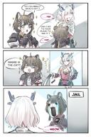 animal_ears artist:drkim beauty_mark black_hair blue_eyes cat_ears cat_girl cat_tail character:mi_fu character:tangtang comic demon_horns english_text eyepatch hair_covering_eye horns in-series_category:feline in-series_category:sarkaz meme pink_eyes pink_hair pointed_ears series:arknights series:arknights:_endfield short_hair tail tears // 2731x4096 // 874KB