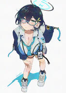 artist:exocet4 blue_hair character:chihiro_(blue_archive) flushed_face glasses green_eyes hair_accessories halo in-series_category:millenium_science_school in-series_category:veritas mechanical_halo meta:source_deprecated series:blue_archive short_hair sweater // 1396x1975 // 861KB