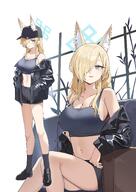 alternate_outfit animal_ears artist:inapple84 blonde_hair blue_eyes casual_clothes character:kanna_(blue_archive) dog_ears dog_girl hair_covering_eye halo in-series_category:public_peace_bureau in-series_category:valkyrie_police_school long_hair midriff series:blue_archive sharp_teeth // 2508x3541 // 581KB