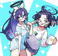 artist:poipoi_v_game blue_hair character:chihiro_(blue_archive) character:chihiro_(pajama)_(blue_archive) character:yuuka_(blue_archive) character:yuuka_(pajama)_(blue_archive) dolphin_shorts glasses green_eyes hair_bow halo in-series_category:millenium_science_school in-series_category:seminar in-series_category:veritas long_hair mechanical_halo pajamas ponytail purple_eyes purple_hair series:blue_archive short_hair // 2048x1958 // 449KB