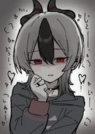 artist:nyanzai beauty_mark black_hair character:kayoko_(blue_archive) demon_horns ear_piercings halo horns in-series_category:gehenna_academy in-series_category:problem_solver_68 japanese_text red_eyes series:blue_archive shadow_over_eyes two-tone_hair white_hair wolf_cut // 2508x3541 // 584KB