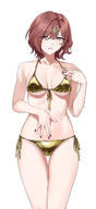 artist:nonbire beauty_mark brown_hair character:higuchi_madoka_(idolmaster_shiny_colors) golden_bikini purple_eyes series:idolmaster series:idolmaster_shiny_colors short_hair // 1568x3408 // 1.7MB