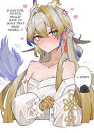 anger_vein artist:ahti character:doctor_(arknights) character:shu_(arknights) dragon_girl dragon_horns dragon_tail ears_blushing english_text eye_liner flushed_face green_eyes hair_accessories hair_bun horns in-series_category:feranmut in-series_category:sui_siblings in-series_category:yan lipstick lipstick_mark long_hair pointed_ears pouty_face series:arknights sweaty tail white_hair // 2480x3508 // 6.2MB