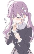 artist:kamitosayu beauty_mark blue_eyes character:kaya_rinha_(gakuen_idolmaster) flushed_face japanese_text purple_hair series:gakuen_idolmaster series:idolmaster twin_tails // 1298x2048 // 258KB