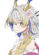 alternate_outfit artist:ken character:shu_(arknights) character:shu_(spring_feast)_(arknights) dragon_horns green_eyes hair_braid horns in-series_category:feranmut in-series_category:sui_siblings in-series_category:yan pointed_ears series:arknights white_hair // 2025x2864 // 723KB