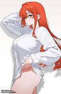 artist:jjune long_hair orange_eyes orange_hair series:original shirt_only teasing // 1062x1637 // 742KB