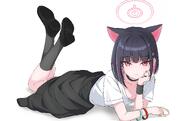 animal_ears artist:nakaoka_ramu black_hair cat_ears cat_girl character:kazusa_(band)_(blue_archive) character:kazusa_(blue_archive) ear_piercings face_mask halo in-series_category:after_school_sweets_club in-series_category:sugar_rush in-series_category:trinity_general_school pink_eyes pink_hair series:blue_archive short_hair two-tone_hair // 4864x3072 // 6.7MB