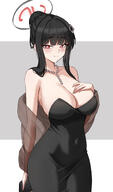 alternate_outfit artist:fangs black_hair character:rio_(blue_archive) dress hair_accessories hair_bun halo in-series_category:millenium_science_school in-series_category:seminar low-cut_dress mechanical_halo red_eyes series:blue_archive // 1172x2000 // 543KB