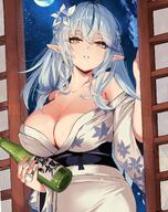 artist:tomo_0843 blue_hair character:yukihana_lamy elf in-series_category:generation_5 in-series_category:hololive_japan nipple_slip pointed_ears series:hololive yellow_eyes yukata // 2622x3316 // 1.0MB