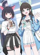 animal_ears artist:nakaoka_ramu black_hair brown_hair cat_ears cat_girl character:airi_(band)_(blue_archive) character:airi_(blue_archive) character:kazusa_(band)_(blue_archive) character:kazusa_(blue_archive) face_mask green_eyes hair_bow halo in-series_category:after_school_sweets_club in-series_category:sugar_rush in-series_category:trinity_general_school long_hair pink_eyes pink_hair pov series:blue_archive short_hair thigh_squish two-tone_hair // 2000x2765 // 2.5MB