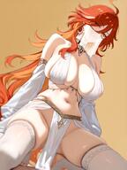 alternate_outfit artist:ei character:mavuika_(genshin_impact) long_hair orange_eyes orange_hair pov series:genshin_impact side_boob thigh_squish veil // 1200x1600 // 2.3MB