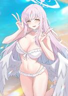 artist:asya body_wings character:mika_(blue_archive) character:mika_(swimsuit)_(blue_archive) double_v feathered_wings flushed_face halo in-series_category:tea_party in-series_category:trinity_general_school long_hair pink_hair series:blue_archive swimsuit v yellow_eyes // 1157x1637 // 196KB
