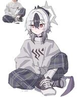 alternate_outfit artist:o-ame beauty_mark black_hair body_wings casual_clothes character:kayoko_(blue_archive) demon_horns demon_wings halo horns in-series_category:gehenna_academy in-series_category:problem_solver_68 pants red_eyes series:blue_archive sweater two-tone_hair white_hair wolf_cut // 1654x2048 // 264KB