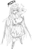 artist:indinu body_wings character:tsurugi_(blue_archive) feathered_wings halo in-series_category:justice_task_force in-series_category:trinity_general_school long_hair messy_hair monochrome series:blue_archive // 1084x1665 // 193KB
