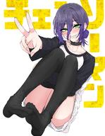 artist:mayo_artworks black_hair character:reze_(chainsaw_man) green_eyes hair_down_the_middle japanese_text series:chainsaw_man v // 3186x4096 // 1.3MB