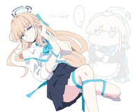 artist:nyaru blonde_hair blue_eyes character:toki_(blue_archive) character:toki_(uniform)_(blue_archive) chibi hair_bow in-series_category:cleaning_&_clearing in-series_category:millenium_science_school in-series_category:super_phenomenon_task_force japanese_text long_hair maid series:blue_archive sweater // 747x632 // 240KB