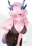artist:Lightning beauty_mark character:mi_fu demon_horns ears_blushing flushed_face garter_belt hair_covering_eye horns in-series_category:sarkaz lingerie pink_eyes pink_hair pointed_ears pov series:arknights series:arknights:_endfield short_hair steaming_body tail // 2894x4185 // 5.3MB
