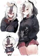 artist:u_usaka beauty_mark black_hair body_wings character:kayoko_(blue_archive) chibi demon_horns demon_wings ear_piercings flushed_face halo headpat horns in-series_category:gehenna_academy in-series_category:problem_solver_68 ponytail red_eyes series:blue_archive short_hair two-tone_hair white_hair // 1734x2430 // 3.4MB