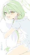 alternate_outfit artist:kandori character:nozomi_(blue_archive) green_hair halo in-series_category:central_control_center in-series_category:highlander_railroad_academy long_hair pajamas pointed_ears series:blue_archive yellow_eyes // 2185x4000 // 512KB