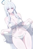 artist:reia character:noa_(blue_archive) halo in-series_category:millenium_science_school in-series_category:seminar lingerie long_hair mechanical_halo negligee purple_eyes series:blue_archive teasing white_hair // 2000x3000 // 2.3MB