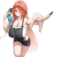 artist:kono flushed_face hair_covering_eye long_hair meta:character_request orange_eyes orange_hair overalls pov // 1980x1944 // 330KB