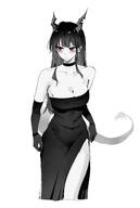 alternate_outfit artist:feint_heart_721 character:ch'en_(arknights) dragon_girl dragon_horns dragon_tail dress eye_liner flushed_face horns in-series_category:lung in-series_category:lungmen long_hair low-cut_dress monochrome red_eyes series:arknights tail // 1264x1886 // 142KB