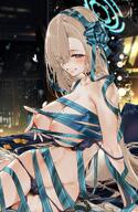 artist:kurotsuki_machi beauty_mark blonde_hair blue_eyes bondage character:asuna_(blue_archive) hair_covering_eye halo in-series_category:cleaning_&_clearing in-series_category:millenium_science_school lingerie long_hair series:blue_archive // 1312x2020 // 512KB