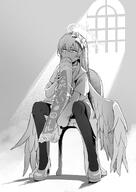 artist:syamen_amygdala body_wings character:nagisa_(blue_archive) feathered_wings hair_accessories hair_braid halo in-series_category:tea_party in-series_category:trinity_general_school japanese_text long_hair meme monochrome series:blue_archive // 1505x2125 // 2.9MB