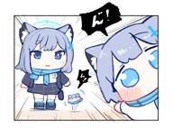 animal_ears artist:urode blue_eyes character:chiroko_(urode) character:shiroko_(blue_archive) chibi grey_hair hair_accessories halo heterochromia in-series_category:abydos_high_school in-series_category:foreclosure_task_force japanese_text series:blue_archive short_hair wolf_ears wolf_girl // 1387x1043 // 157KB