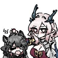 animal_ears artist:grape beauty_mark cat_ears cat_girl character:mi_fu character:tangtang demon_horns eyepatch grey_hair horns in-series_category:feline in-series_category:sarkaz pink_eyes pink_hair pointed_ears series:arknights series:arknights:_endfield short_hair // 200x200 // 4.8KB