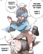 artist:kai_xin blue_eyes blue_hair character:arona_(blue_archive) character:sensei_(blue_archive) english_text flushed_face hair_bow hair_braid hair_covering_eye halo in-series_category:schale in-series_category:shittim_chest pink_hair series:blue_archive shadow_over_eyes short_hair spanking // 1634x2048 // 289KB