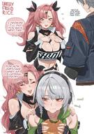 artist:unrulyfriedrice beauty_mark burger character:anby_(zenless_zone_zero) character:nicole_demara character:wise_(zenless_zone_zero) comic english_text green_eyes grey_hair hair_accessories hair_braid in-series_category:cunning_hares long_hair midriff orange_eyes pink_hair series:zenless_zone_zero short_hair twin_tails // 3024x4302 // 20MB