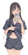 artist:amamitsuki brown_eyes brown_hair japanese_text long_hair pajamas peek pulling_up_shirt series:original // 808x1600 // 98KB