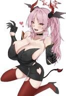 alternate_outfit artist:nagomu beauty_mark character:satsuki_(blue_archive) demon_horns dress flushed_face halo horns in-series_category:gehenna_academy in-series_category:pandemonium_society long_hair low-cut_dress pink_hair series:blue_archive steaming_body succubus tail thigh_squish twin_tails yellow_eyes // 1640x2360 // 1.9MB