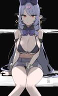 alternate_outfit artist:AZZ beauty_mark character:vivian_banshee_(zenless_zone_zero) hair_bow in-series_category:mockingbird long_hair pointed_ears purple_hair red_eyes series:zenless_zone_zero swimsuit twin_tails // 1213x2000 // 179KB