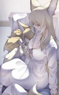 alternate_outfit animal_ears artist:samip blonde_hair character:suzuran_(arknights) character:vulpisfoglia_(arknights) fox_ears fox_girl fox_tail in-series_category:higashi in-series_category:siracusa in-series_category:vulpo long_hair pajamas series:arknights tail // 2536x4096 // 645KB