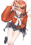 alternate_outfit artist:r_oot body_wings casual_clothes character:exusiai_(arknights) character:exusiai_the_new_covenant_(arknights) flushed_face halo in-series_category:laterano in-series_category:sankta orange_eyes red_hair series:arknights short_hair short_shorts side_ponytail sunglasses v // 5068x7164 // 13MB