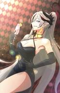 armpit artist:nagomu blue_eyes character:makoto_(blue_archive) character:makoto_(dress)_(blue_archive) demon_horns dress grey_hair horns in-series_category:gehenna_academy in-series_category:pandemonium_society long_hair pointed_ears ponytail series:blue_archive // 1323x2048 // 919KB
