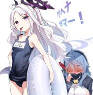 artist:kandori blue_hair character:ako_(blue_archive) character:hina_(blue_archive) character:hina_(swimsuit)_(blue_archive) demon_horns flushed_face full-face_blush halo horns in-series_category:gehenna_academy in-series_category:prefect_team japanese_text long_hair mechanical_halo ponytail purple_eyes series:blue_archive shadow_over_eyes side_boob swimsuit white_hair // 1184x1200 // 178KB
