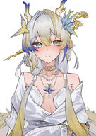 alternate_outfit artist:ahti character:shu_(arknights) dragon_girl dragon_horns dragon_tail dress eye_liner flushed_face green_eyes hair_accessories horns in-series_category:ambience_synesthesia in-series_category:feranmut in-series_category:sui_siblings in-series_category:yan pointed_ears series:arknights tail white_hair // 2480x3508 // 5.3MB