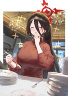 alternate_outfit artist:eshi_neko beauty_mark black_hair character:hasumi_(blue_archive) hair_down_the_middle halo in-series_category:justice_task_force in-series_category:trinity_general_school ponytail series:blue_archive sweater // 2892x4096 // 858KB
