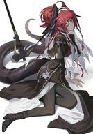 artist:kegani brown_skin character:gracebearer_(arknights) green_eyes in-series_category:k'uk'ulkan in-series_category:laterano red_hair series:arknights snake_tail // 1559x2231 // 424KB